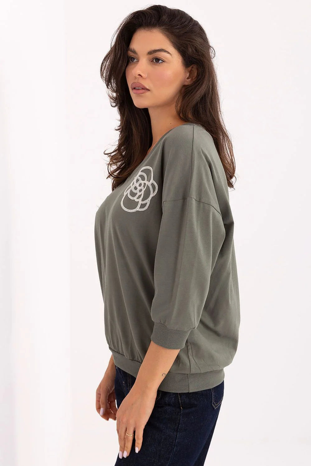 chemisier femme kaki olive col V décontracté oversize coton élasthanne jersey doux manches troisquarts broderie florale poitrine ajusté