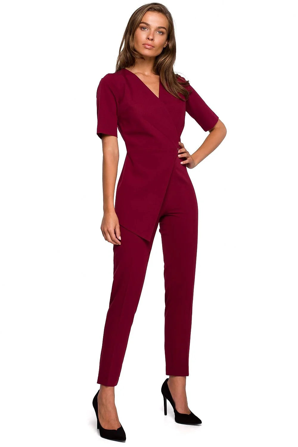 Combinaison élégante en polyester noir croisé pour femmes modernes, manches courtes, occasions spéciales, ajustée