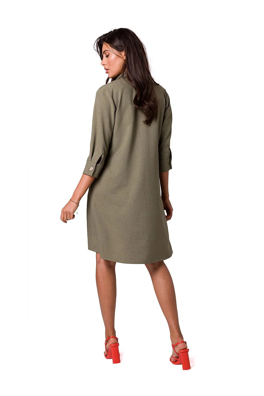 robe chemise BeWear casual chic évasée fluide manches trois quarts rose poudré tissu léger court poches boutonnage col revers intemporelle