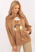Sweatshirt à capuche pour femme, design ludique, coton polyester, coloris brun clair, coupe ample, manches longues, poche kangourou, motifs ours en peluche, style casual tendance
