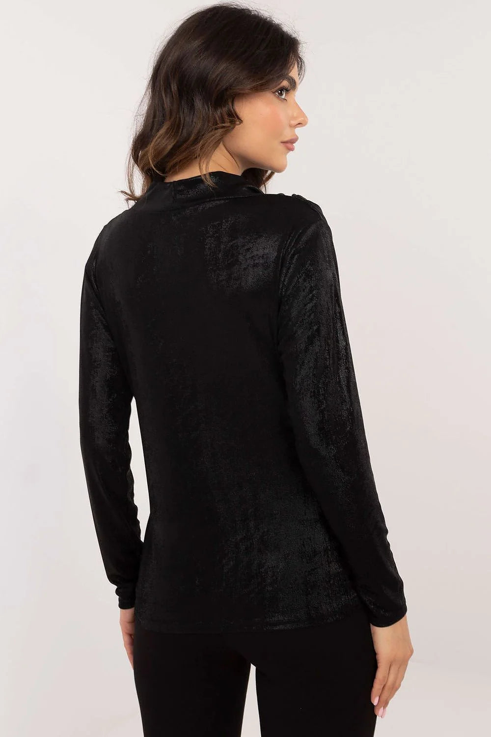 Combinaison féminine élégante noir brillant tissu extensible col drapé coupe ajustée taille haute boutons cristal femmes