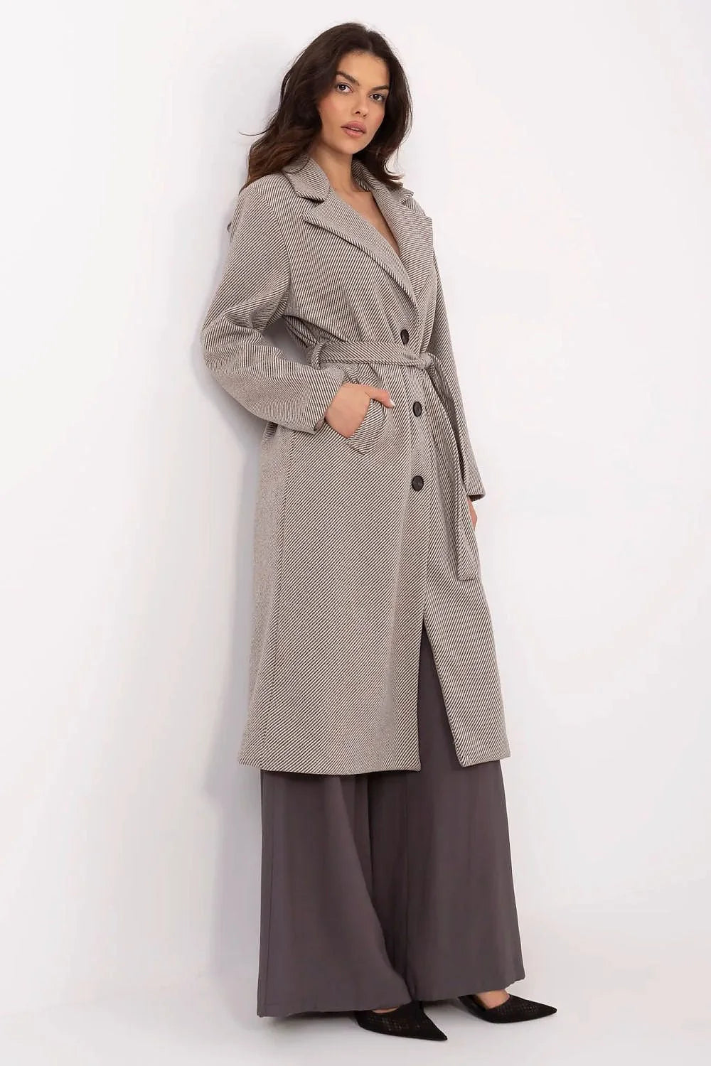 Manteau pour femme élégant long chevron gris laine polyester elasthanne col à revers ceinture boutons poches latérales occasion spéciale travail