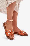 Mules Femmes Été Style Marin Doré Confort Toute Journée Sandales Lanières Coquillages Perlées Ankle Bracelet Talon Plat