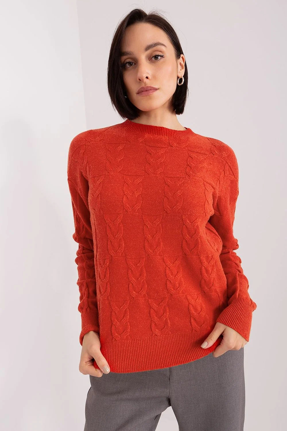 Pull pour femme en viscose nylon PBT motif torsadé orange vif manches longues col rond côtelé coupe standard occasion quotidienne automne hiver