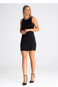 Robe de soirée élégante sans manches fourreau ajusté couleur noire polyester taille ajustable pour femme
