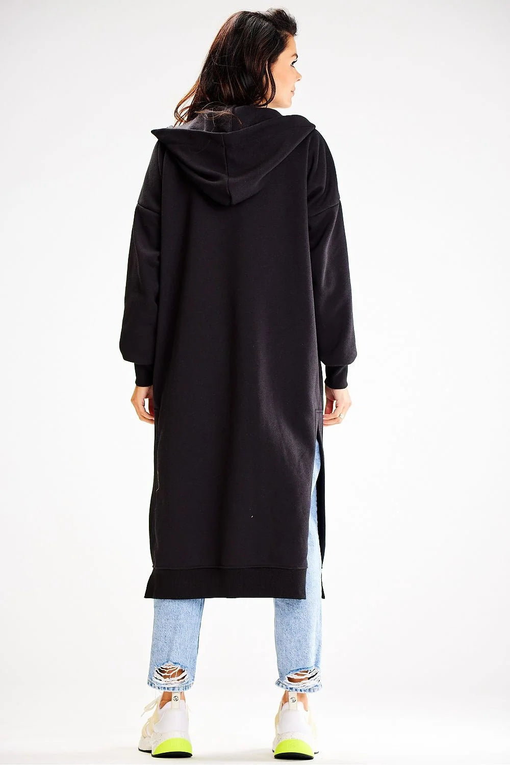 sweatshirt awama femme oversize long capuche poches plaquées coton élasthanne noir molleton épaules tombantes manches longues poignets côtelés