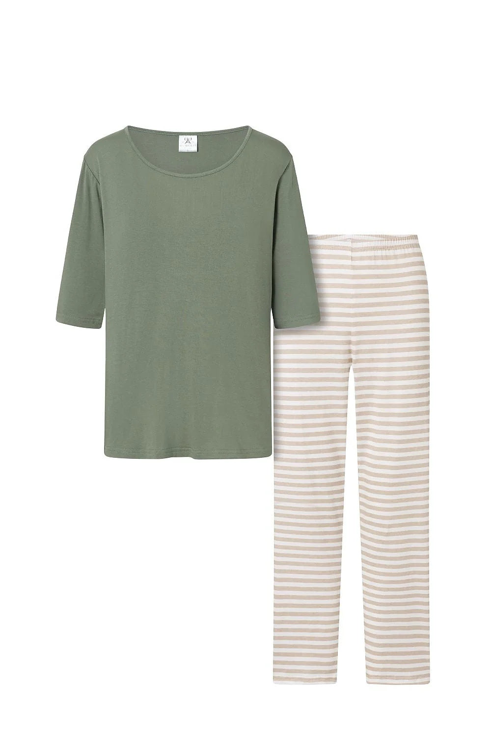 Pyjama pour femme élégant et confortable, vert olive et rayures beige, manches 3/4, taille élastiquée, matériau doux, idéal pour la détente à la maison