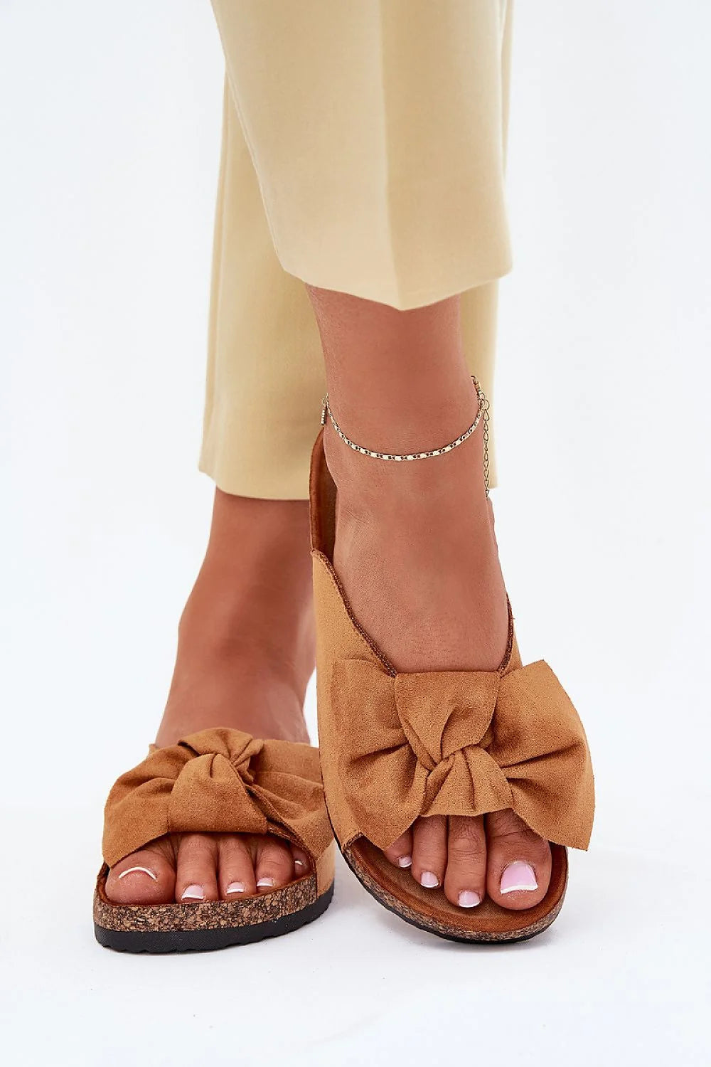 sandales femme daim écologique camel mule slide noeud volumineux décoratif semelle liège anatomique crantée caoutchouc rembourrée confortable minimaliste estival