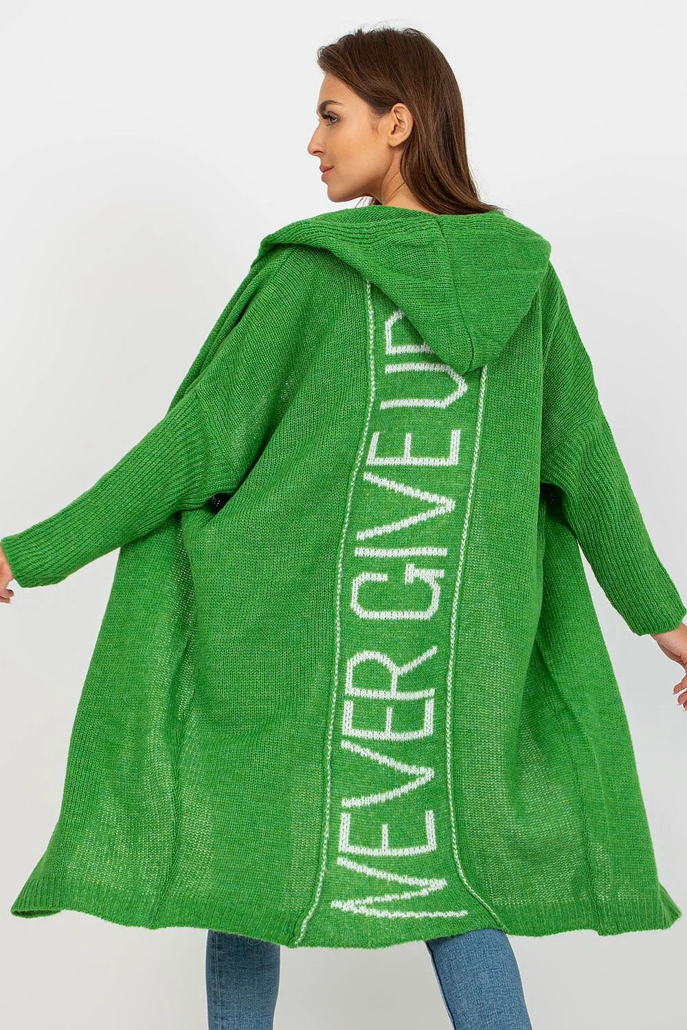 Cardigan long pour femme style moderne décontracté manches longues capuche couleur verte acrylique polyamide viscose laine taille universelle