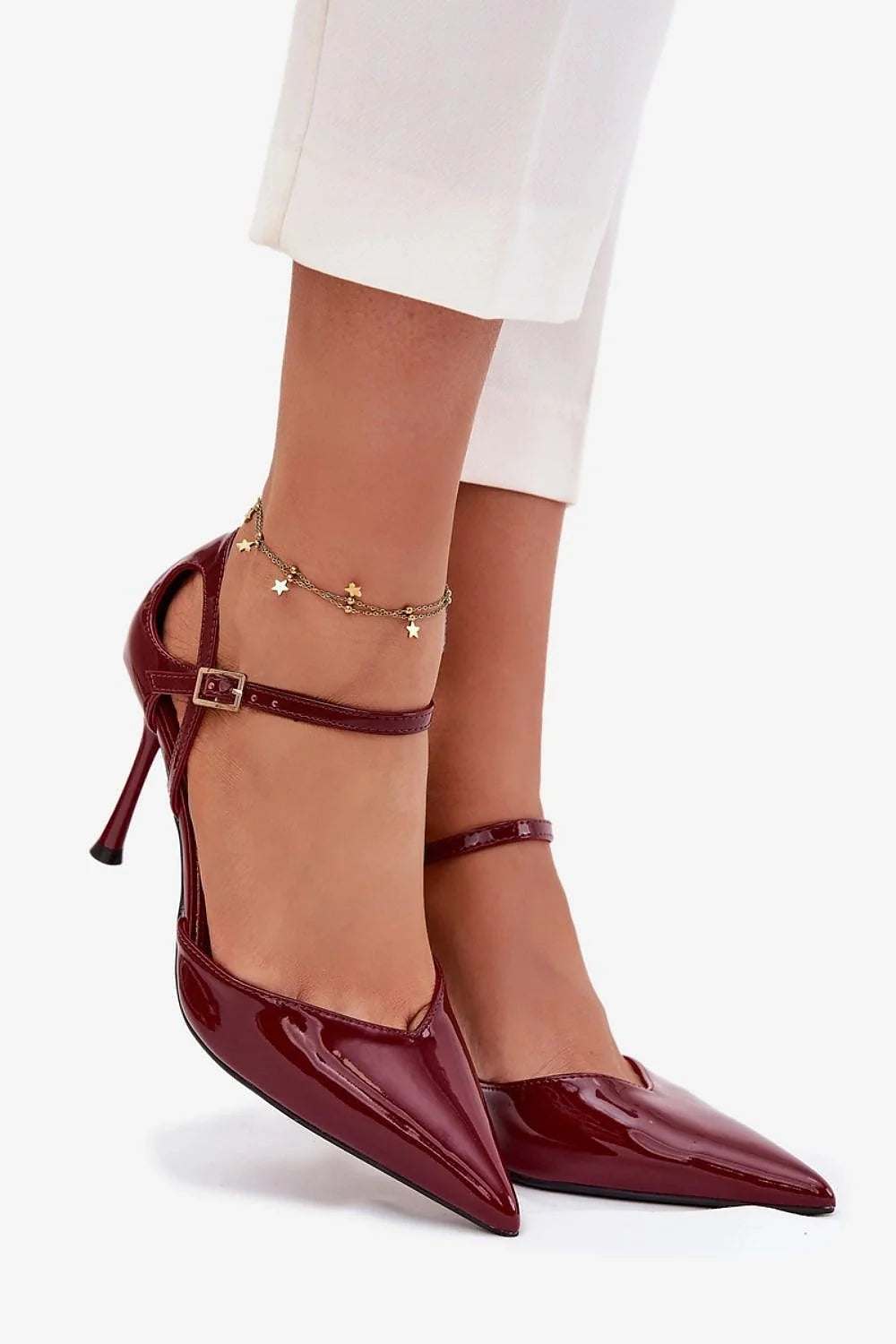 escarpins femme similicuir vernies bordeaux bride cheville réglable boucle talon aiguille haut bout pointu élégants
