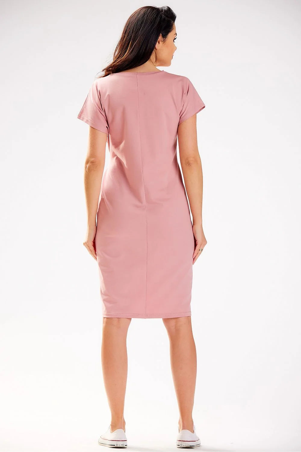Robe de jour Infinite You design épuré manches courtes coton doux couleur rose pâle ceinture ajustable femme