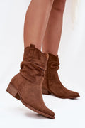 bottines femme suédine écologique chocolat western tige plissée courte bout amande talon bloc bas confort fermeture éclair latérale semelle résistante
