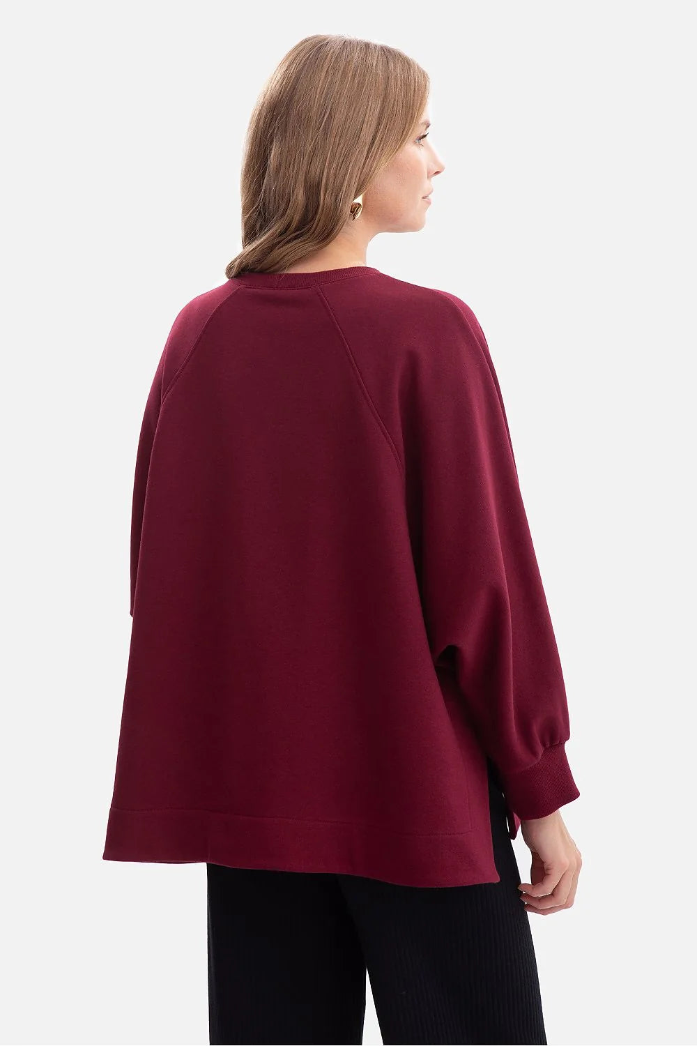 sweatshirt oversize femme bordeaux foncé molleton jersey 280g bouclette douceur col rond manches raglan poignets côtelés fentes latérales longueur hanches