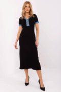 Robe élégante pour femme en tricot noir bleu clair manches courtes décolleté en V boutons dorés ourlet en franges quotidien travail