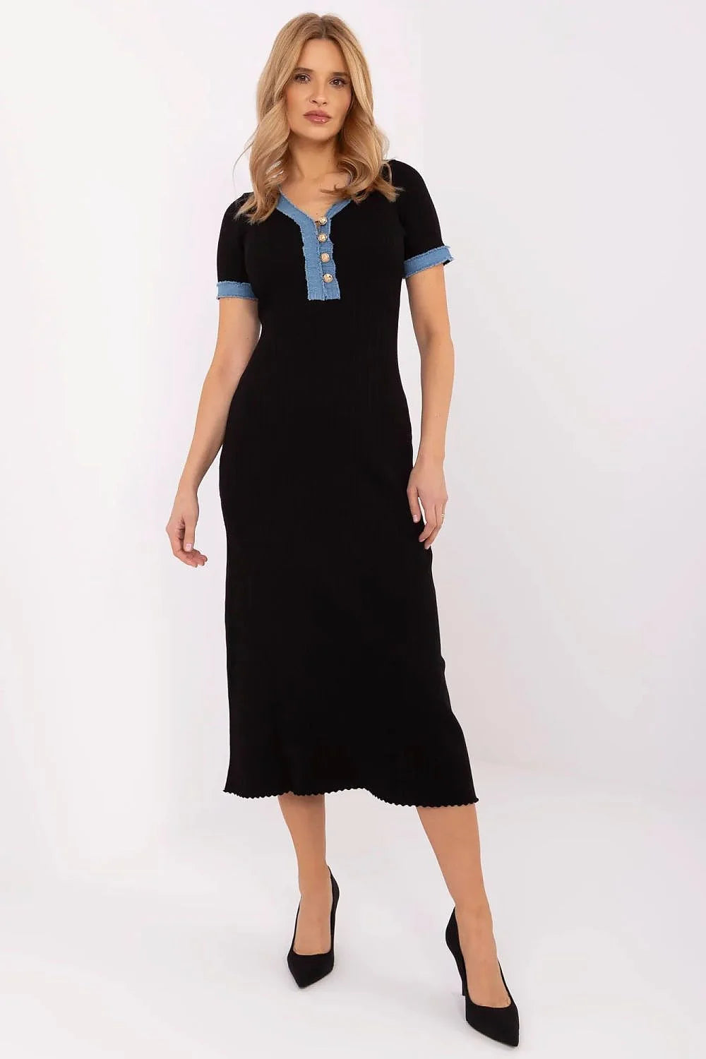 Robe élégante pour femme en tricot noir bleu clair manches courtes décolleté en V boutons dorés ourlet en franges quotidien travail