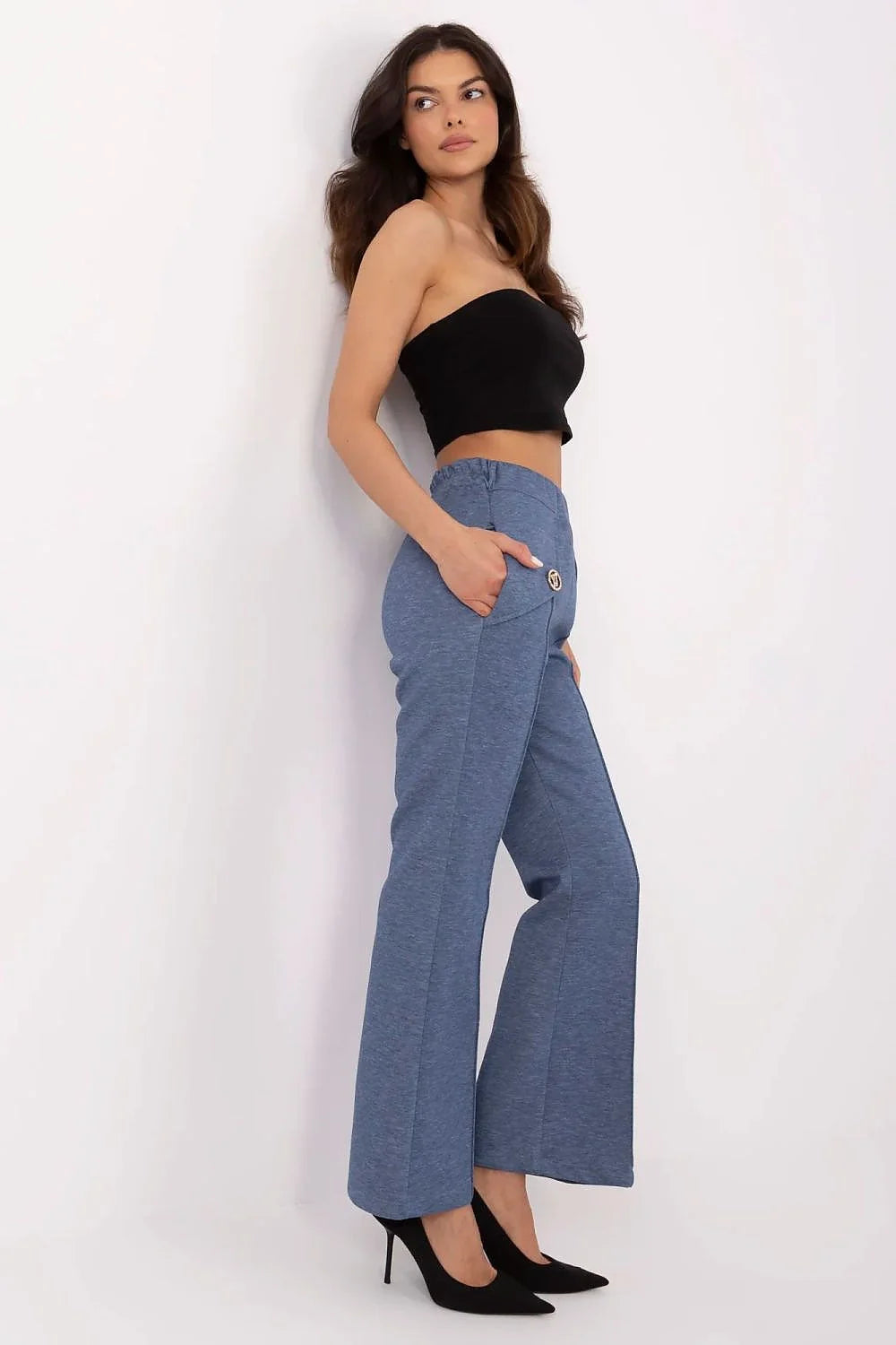 Pantalon survêtement à larges jambes en viscose, élasthanne et polyester, bleu-gris, taille haute, ceinture élastique, poches latérales dorées, femme, mode élégante et confortable