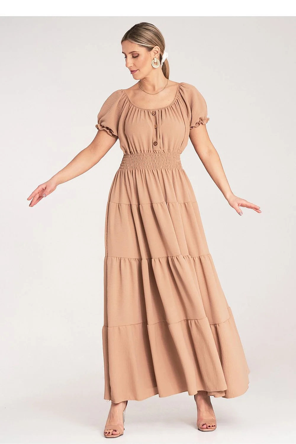 Robe de jour Figl boho-chic empire puffed sleeves elastic waist tiered skirt beige summer dress