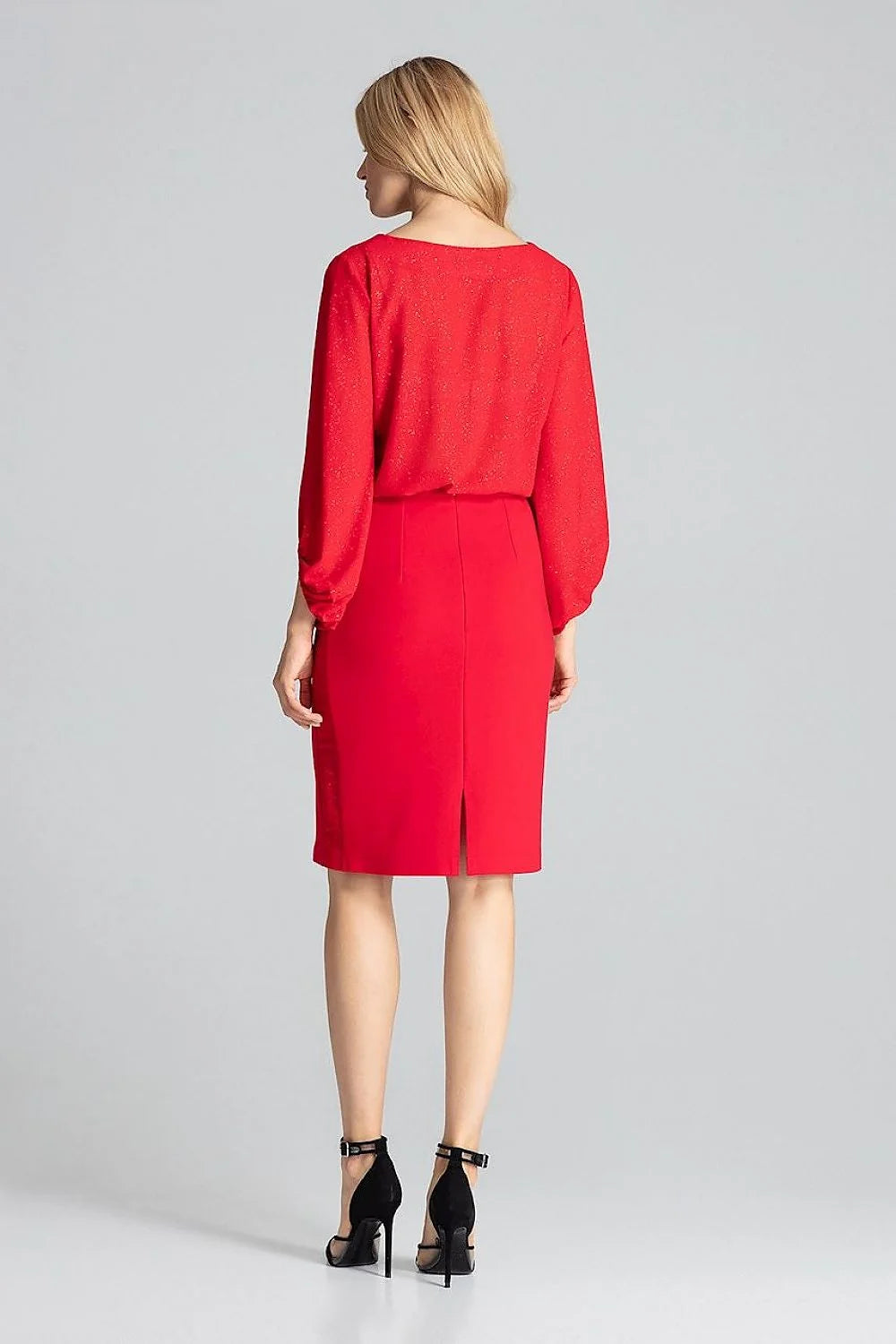 robe deux pièces rouge vif midi crayon taille blousante encolure V manches longues bouffantes fente dos fluide polyester élasthanne