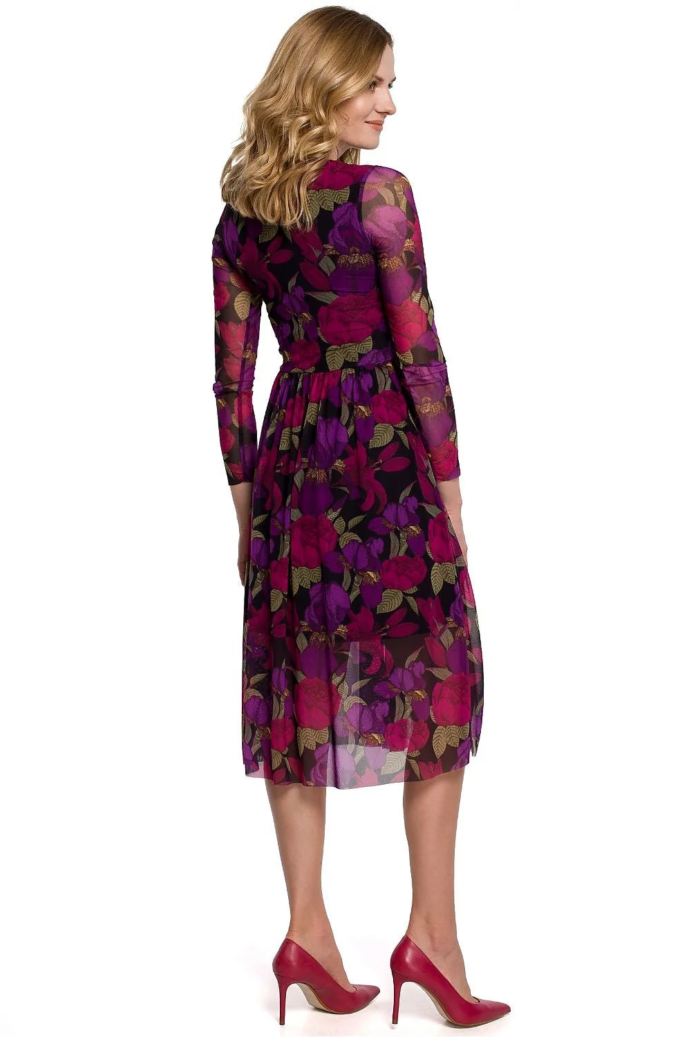 Robe de soirée longue polyester élégante avec manches transparentes motifs floraux pour femmes modernes