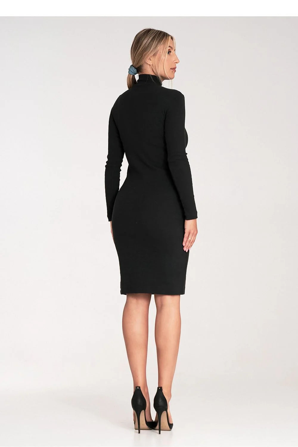Robe de jour élégante en coton ajustée col montant manches longues noire féminine taille unique