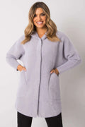 manteau femme mi long oversize droite ample maille pelucheuse lilas pâle angora laine viscose polyester col discret poches plaquées