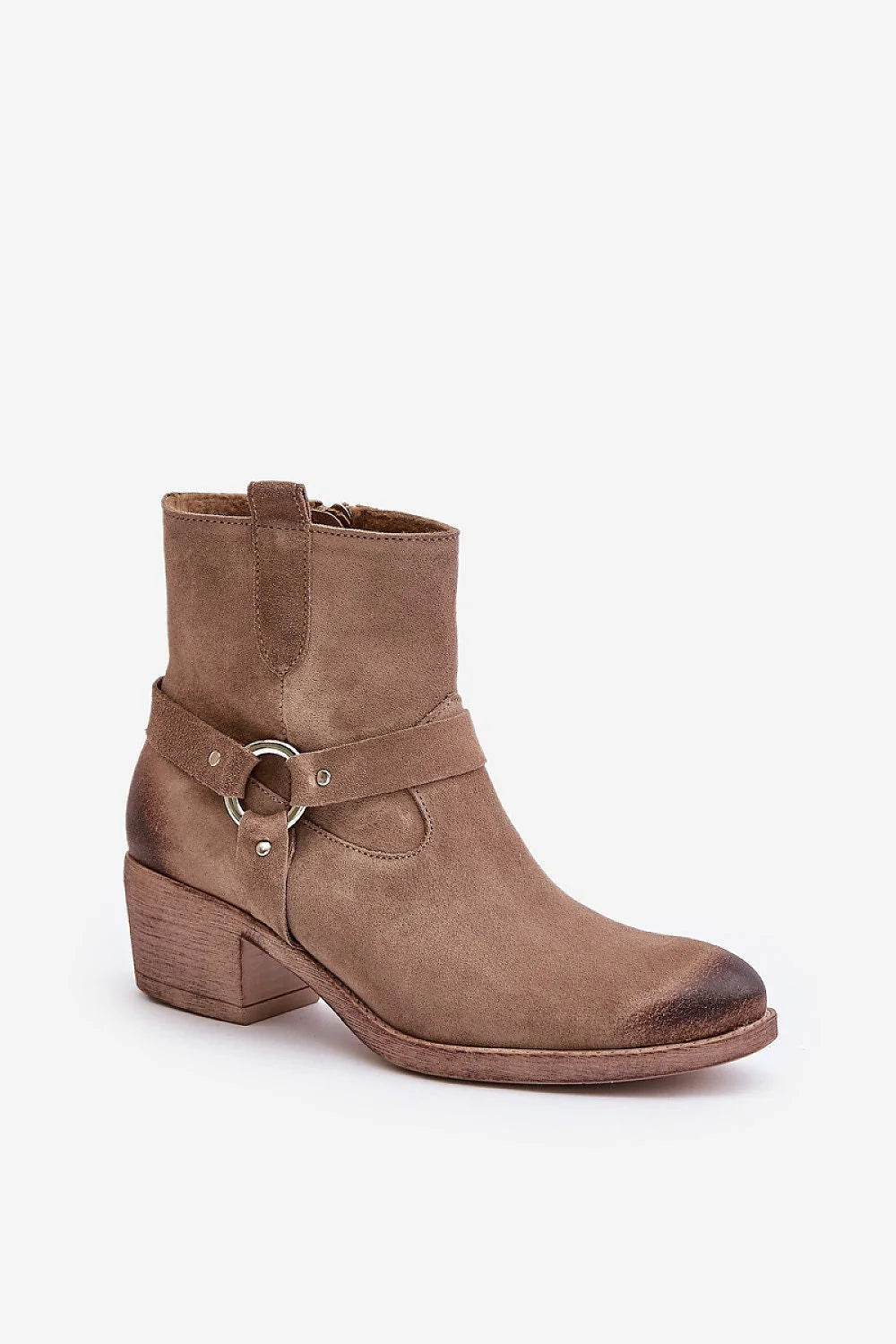 Bottes pour femmes élégantes contemporaines cuir suédé taupe harnais décoratif automne hiver talon moyen_zip doré