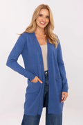 cardigan femme gilet long maille douce bleu roi coupe droite ouverte manches longues poches plaquées finitions côtelées polyvalent