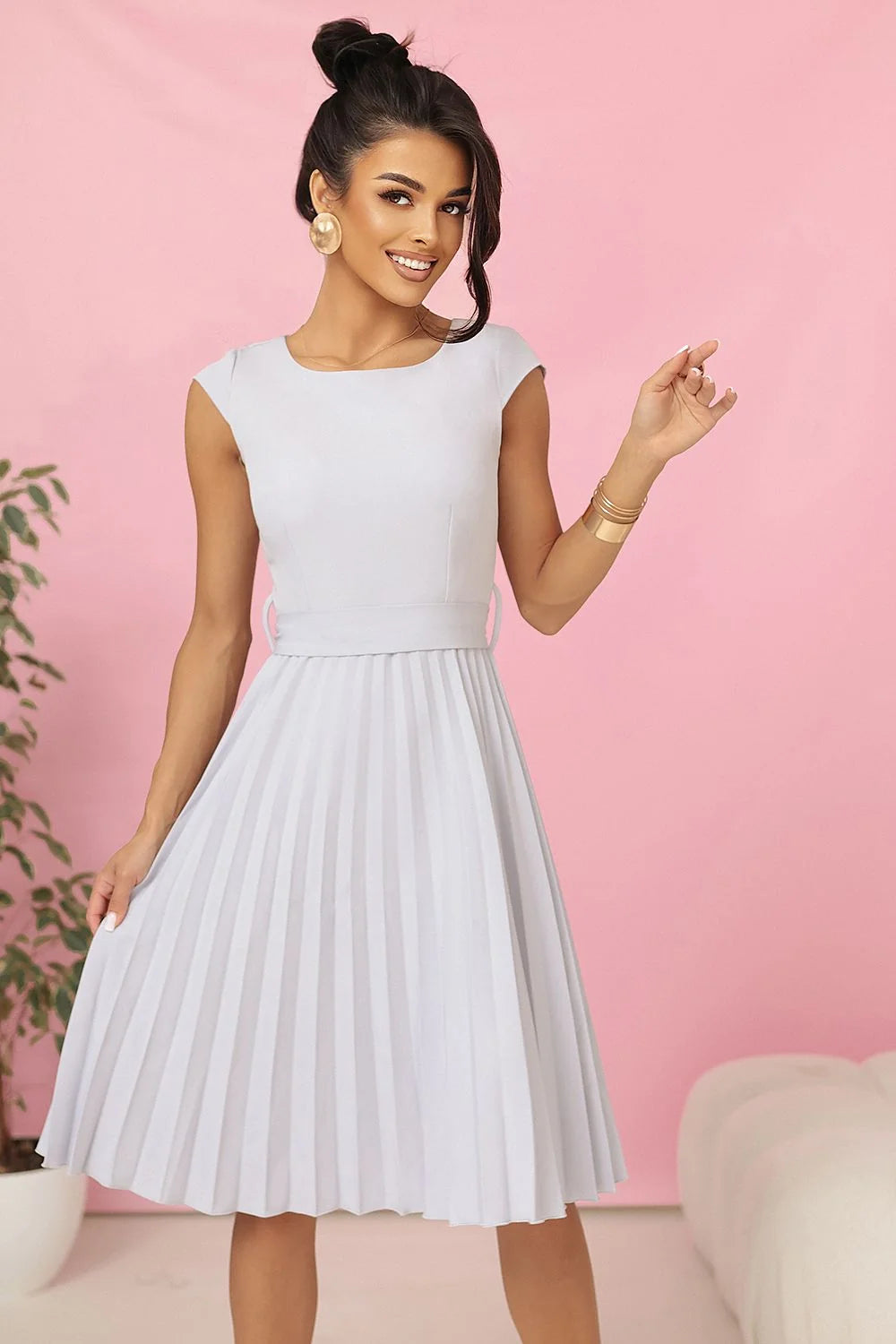 Robe de jour Numoco élégante midi manches courtes col rond ceinture tissu léger polyester coton elasthanne femme occasions spéciales confort