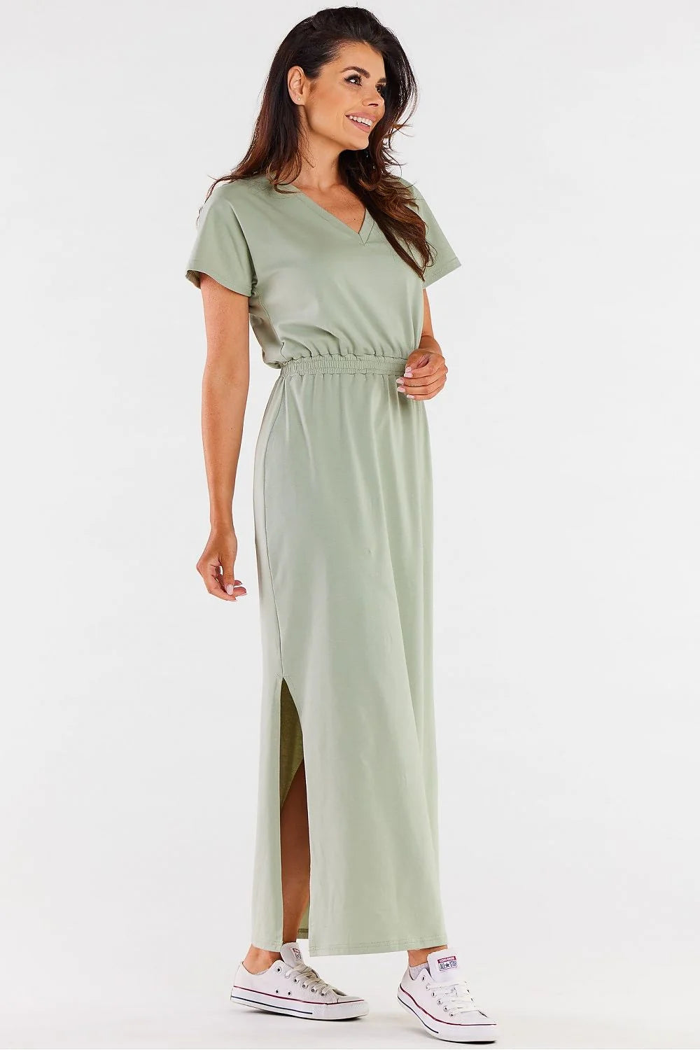 Robe de jour Infinite You longue manches courtes décolleté en V vert clair coton spandex taille ajustable femme