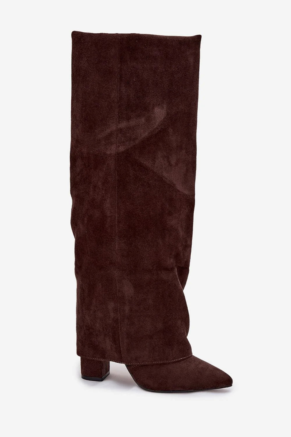 bottes hautes femme marron chocolat suédine veloutée genou slouchy froncées tige reversée bout pointu talon bloc stable isolante doublure confortable