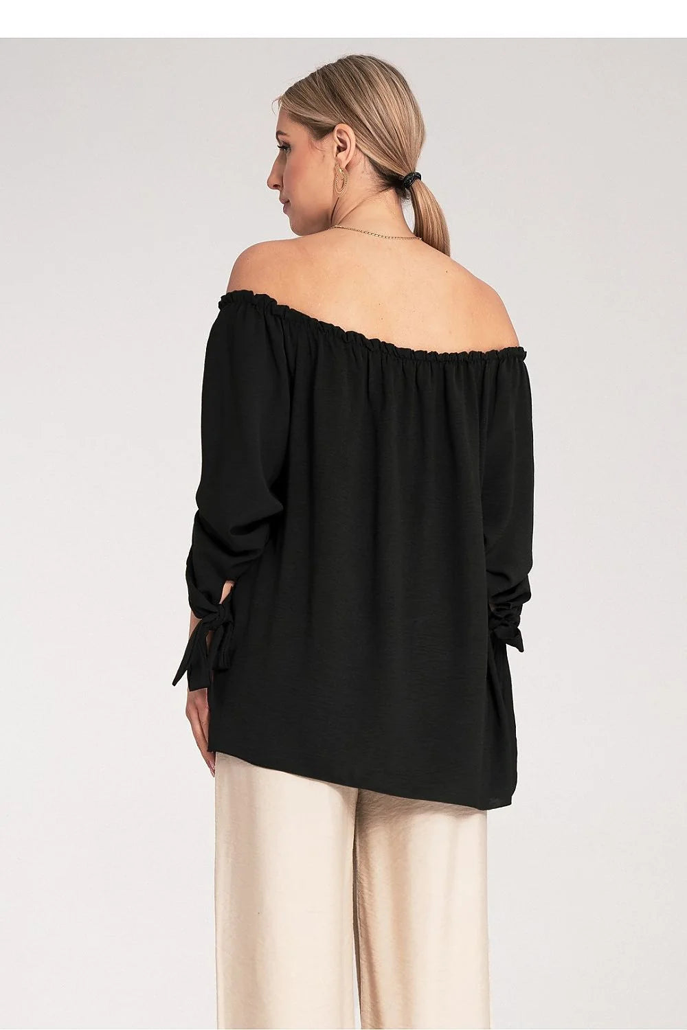 chemisier femme espagnol bardot épaules dénudées manches longues évasées noeuds décolleté froncé fluide léger polyester élasthanne noire élégant sophistiqué