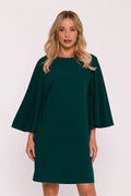 robe trapèze vert émeraude uni tissu lisse col rond manches chauves souris trois quarts larges taille ample élégante mini genou