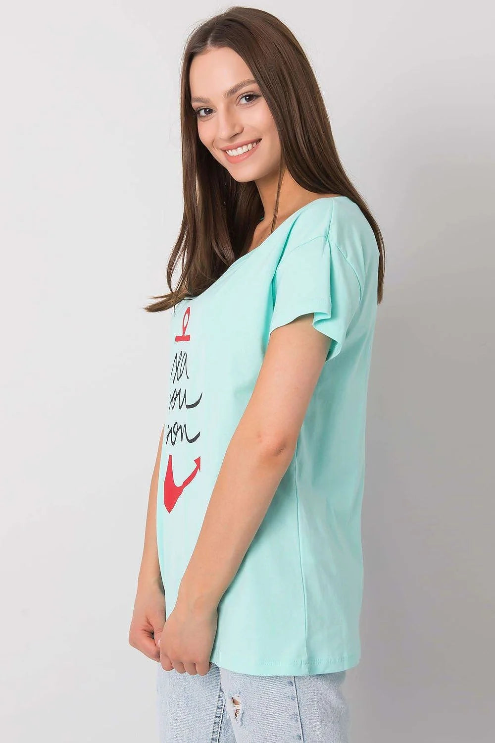 T-shirt pour femme design ancre 'sea you soon' vert menthe manches courtes col rond ajusté