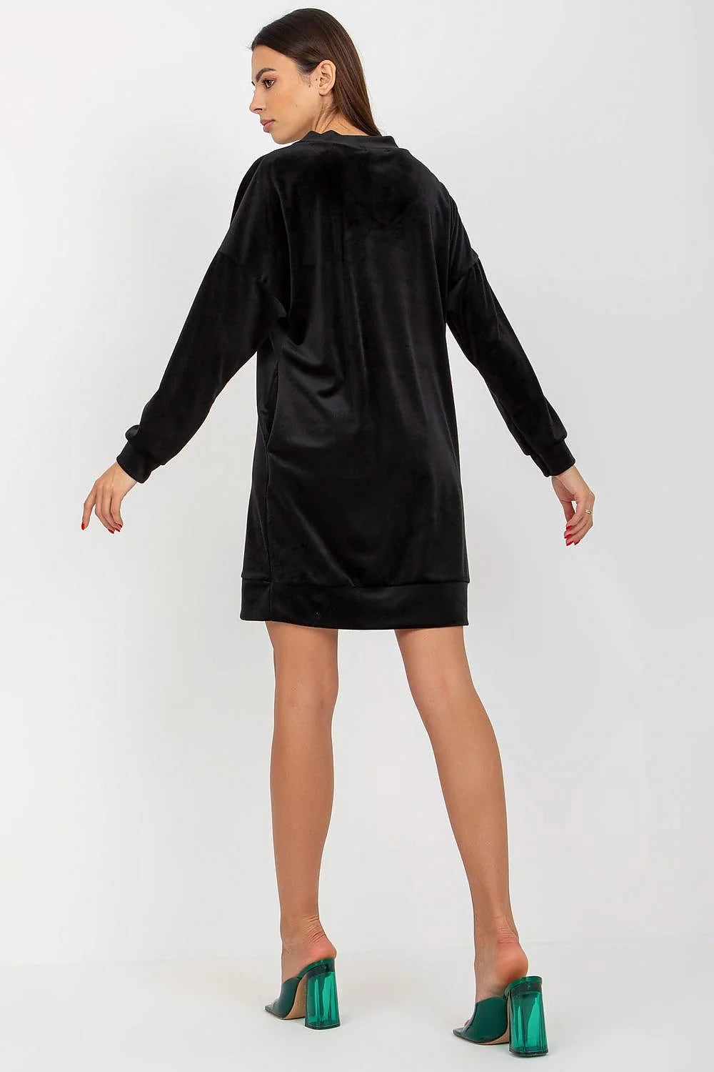 Robe de jour Rue Paris velours court manches longues encolure en V noir femme polyvalence