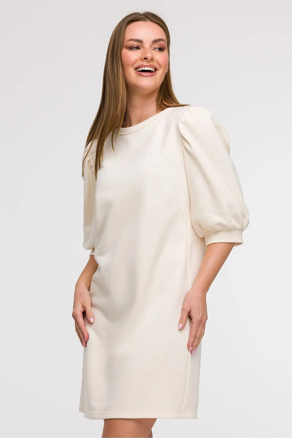 Robe de jour Be Wear élégante coupé droite manches bouffantes couleur crème tissu doux confort femme quotidienne vacances ville