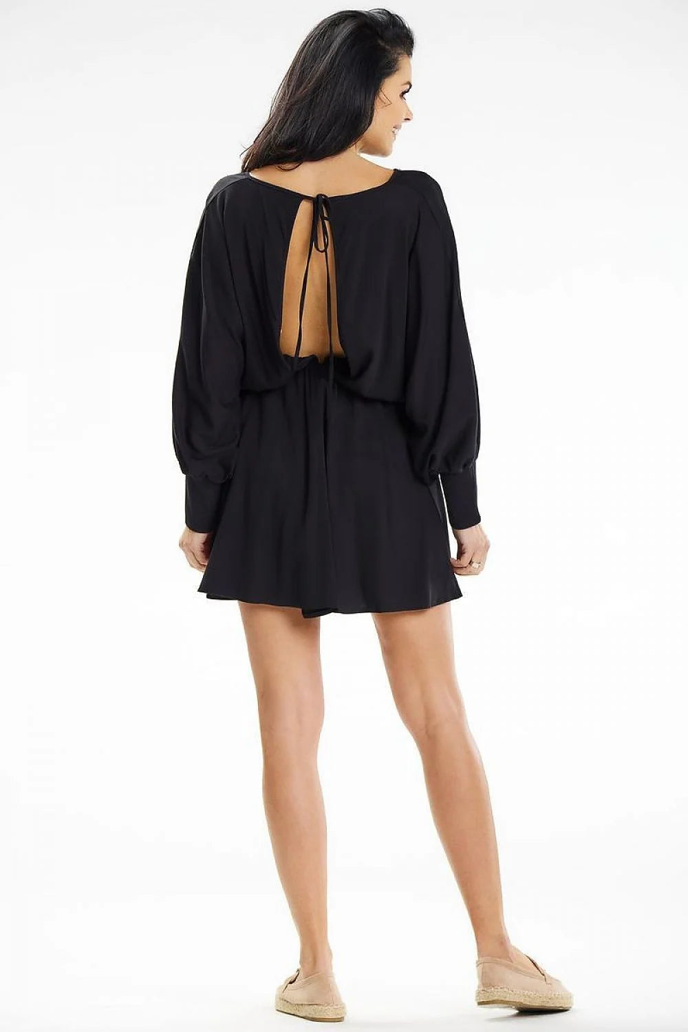 Robe de jour moderne classique noire manches longues volumineuses taille élastiquée polyvalente femme occasion soirée fête