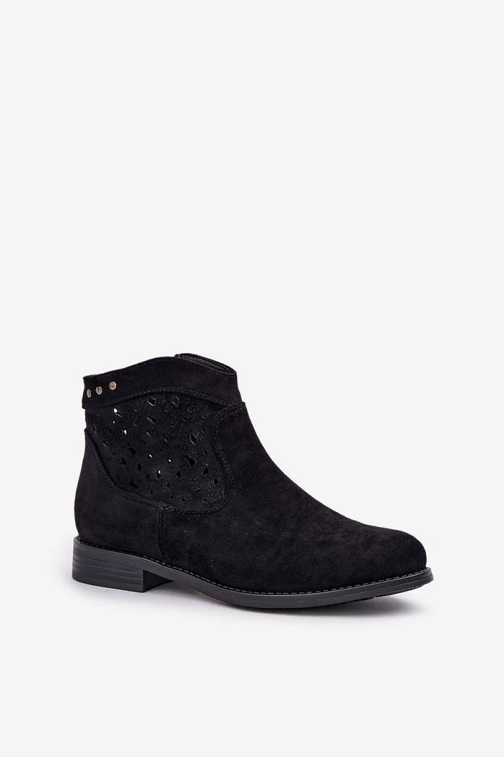 Bottines élégantes pour femmes en suédine noire découpes ajourées confort talon plat style moderne