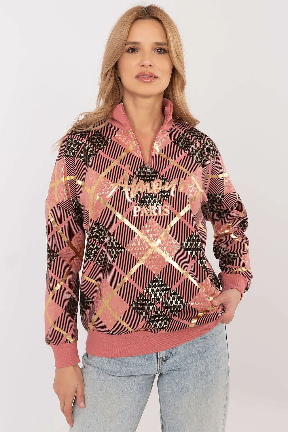 Sweatshirt femme carreaux doré Amour Paris longues manches col zippé coupe décontractée coton élasthanne