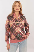 Sweatshirt femme carreaux doré Amour Paris longues manches col zippé coupe décontractée coton élasthanne