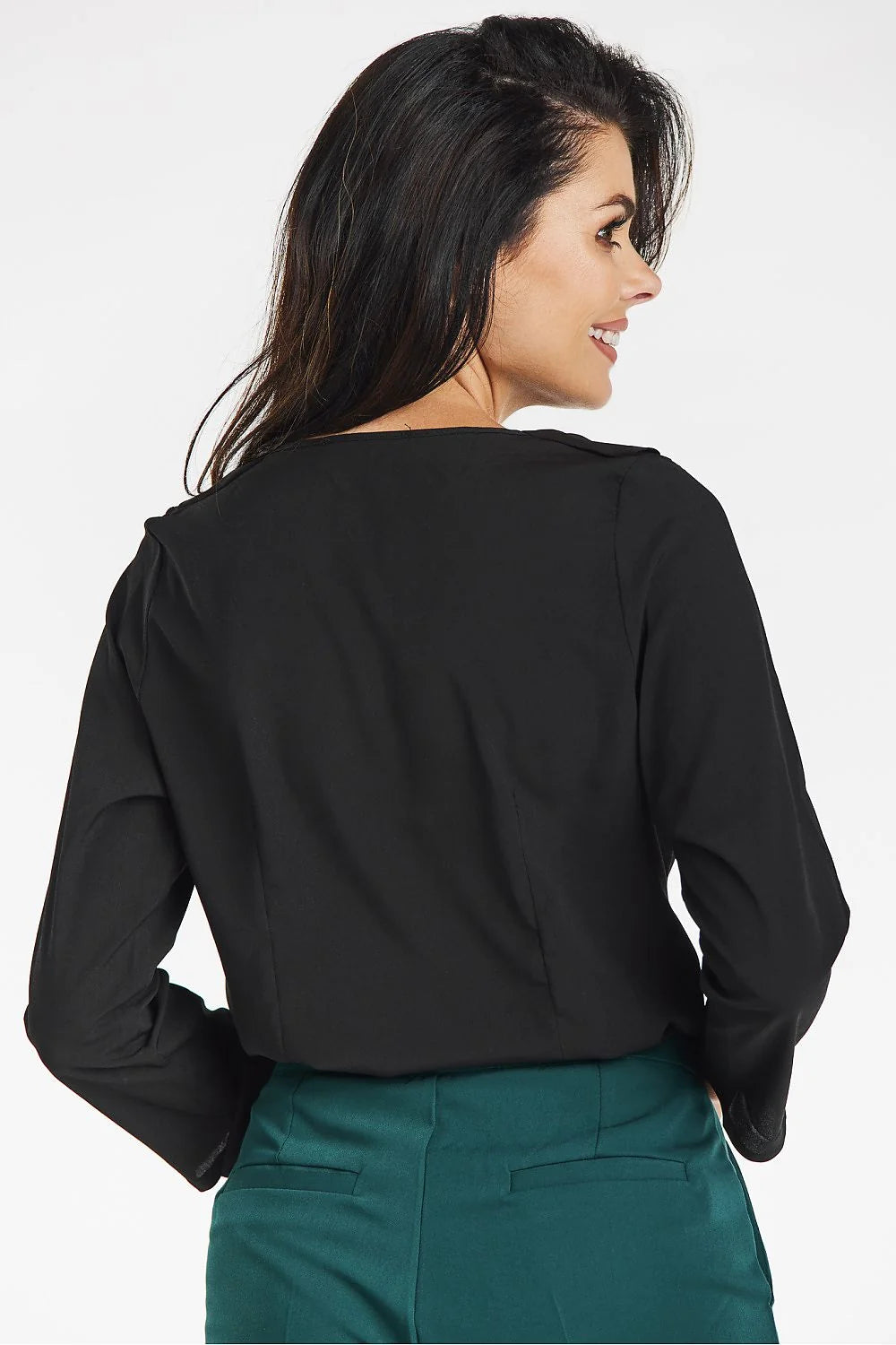 Awama chemisier élégant volants noir col V asymétrique manches trois quarts fluide ajustée hanches ceinture taille haute professionnel soirée