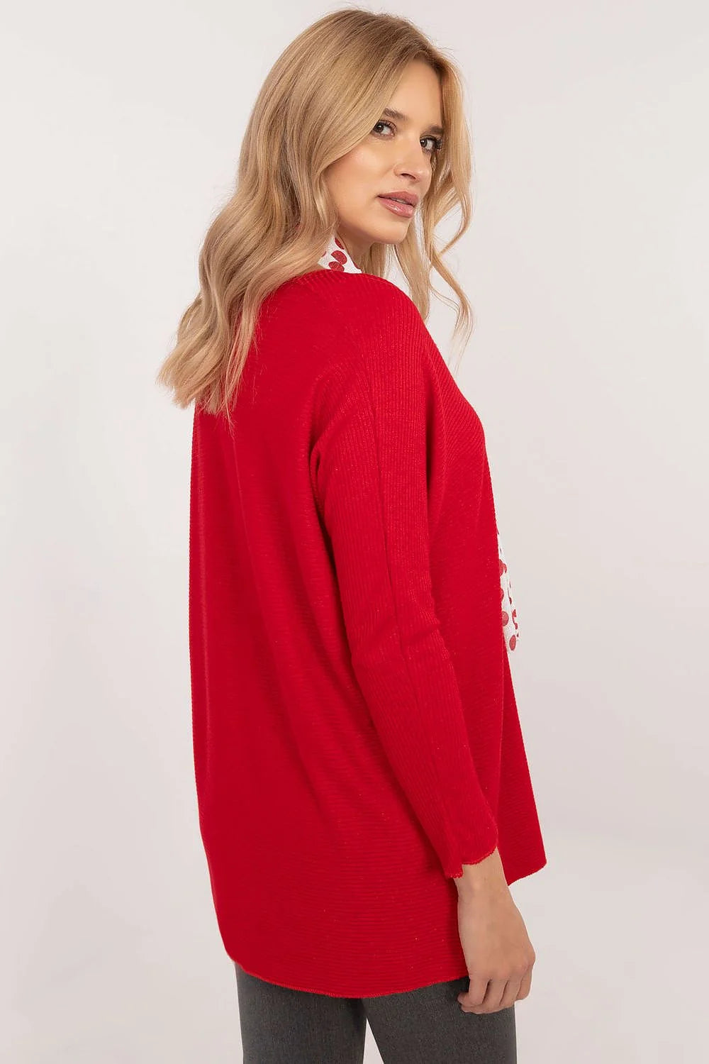 Chandail élégant pour femme rouge vif manches longues col V texture côtelée matière douce accessoire écharpe blanche