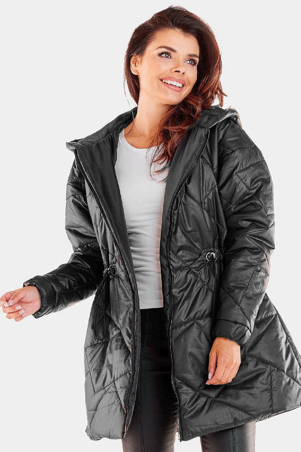 Manteau d'hiver pour femme moderne fonctionnel coupe évasée longueur midi capuche ajustable fermeture éclair cordon taille tissu brillant surpiqûres géométriques élastiques poignets polyester