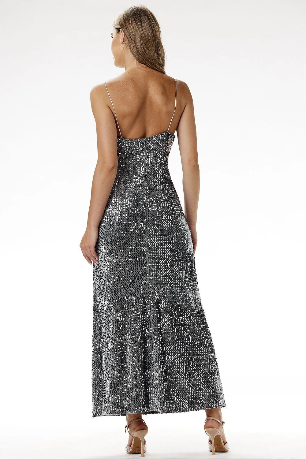 Robe longue soirée sequins argenté V-neck bretelles spaghetti silhouette ajustée élégance glamour femmes occasions spéciales