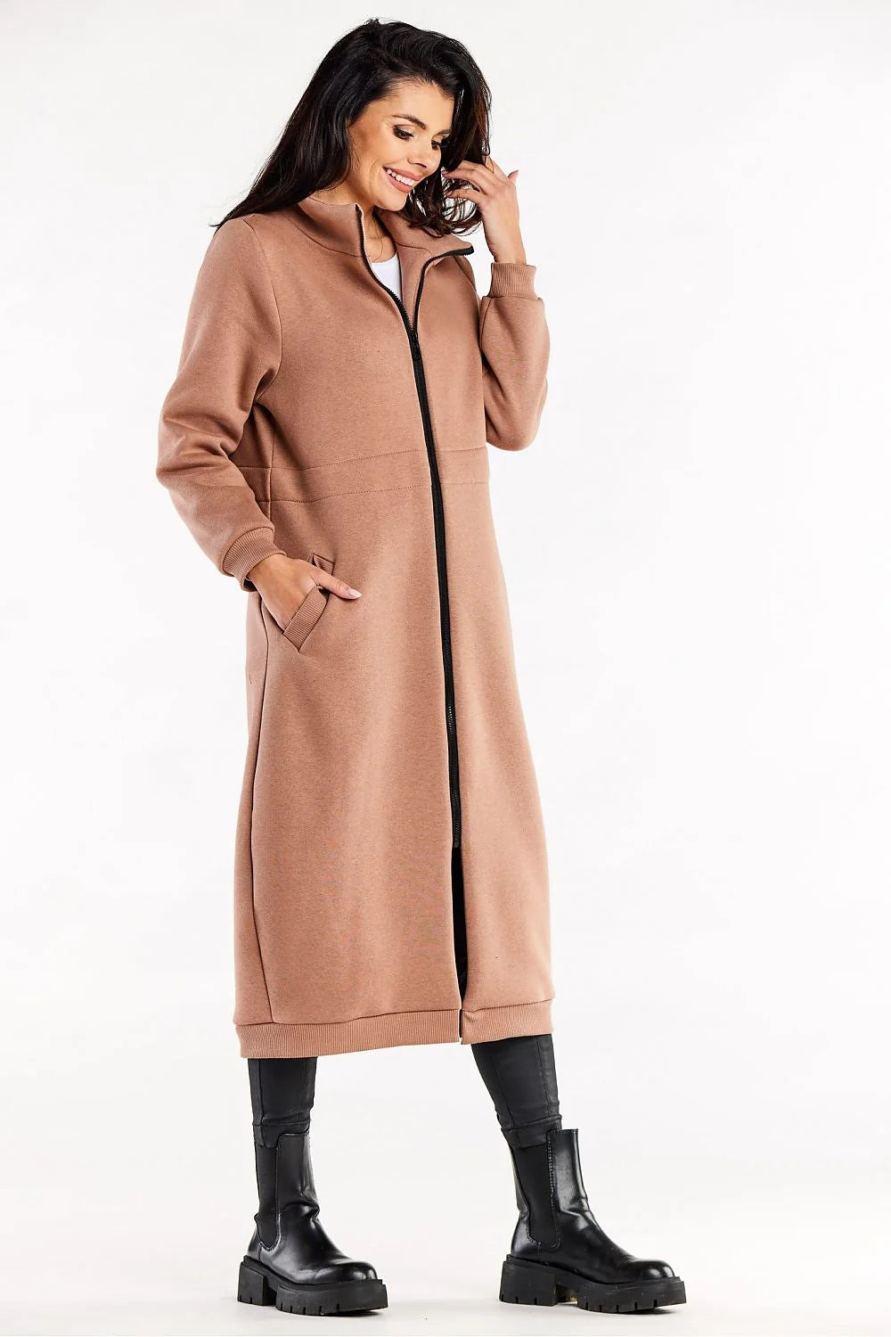 Manteau long pour femmes style moderne taupe col montant fermeture éclair tissu élastique occasion polyvalente