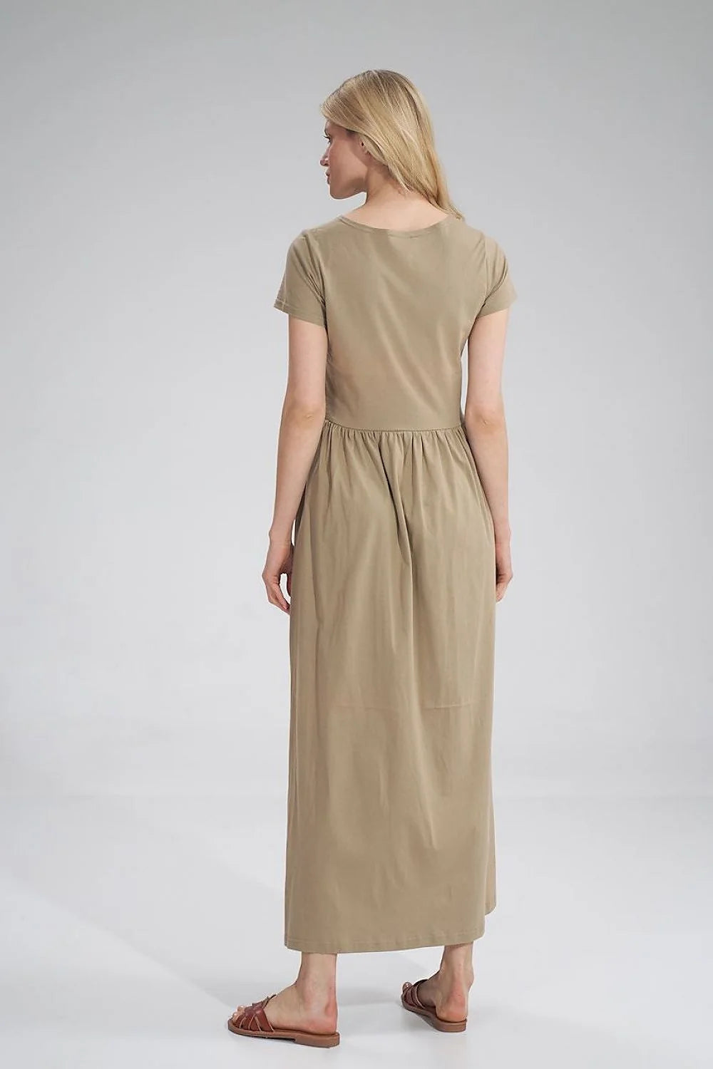 robe longue coton beige classique évasée taille haute froncée manches courtes encolure ronde jersey léger fluide fente latérale cheville confortable