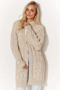 Cardigan maille torsades pour femme, coupe longue, style classique, couleur beige clair, manches longues, poches intégrées