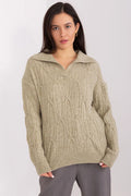 Chandail femme en maille col V large motif torsadé beige manches longues coupe ample finitions côtelées