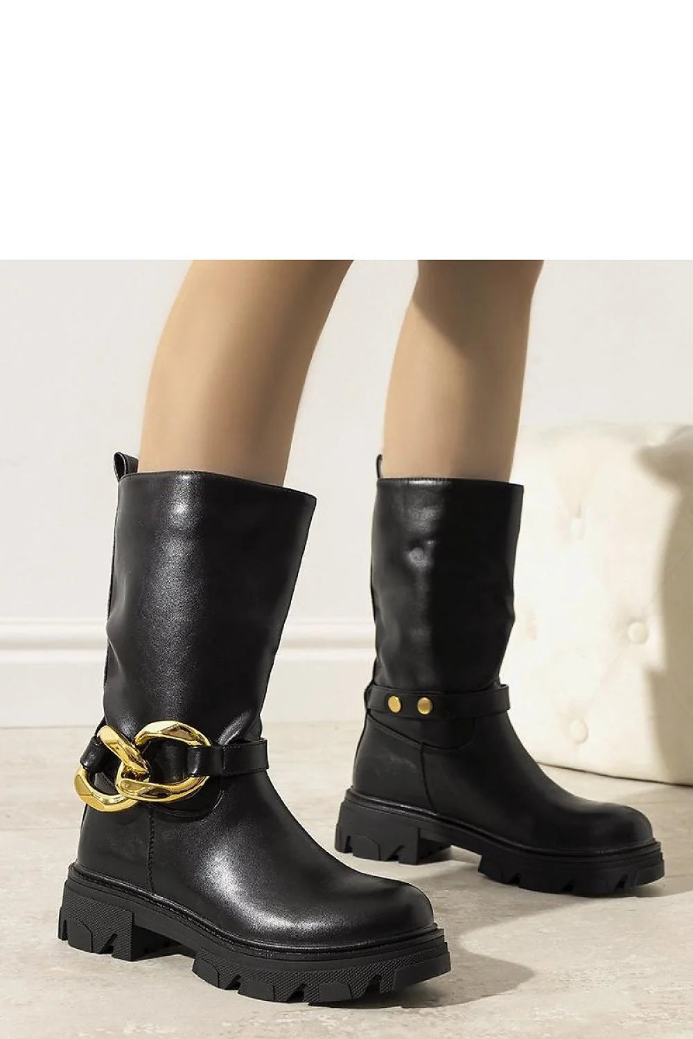 Bottes mi-hautes femmes cuir noir doré anneau métallique design moderne tendance automne hiver semelle épaisse fourrure intérieure