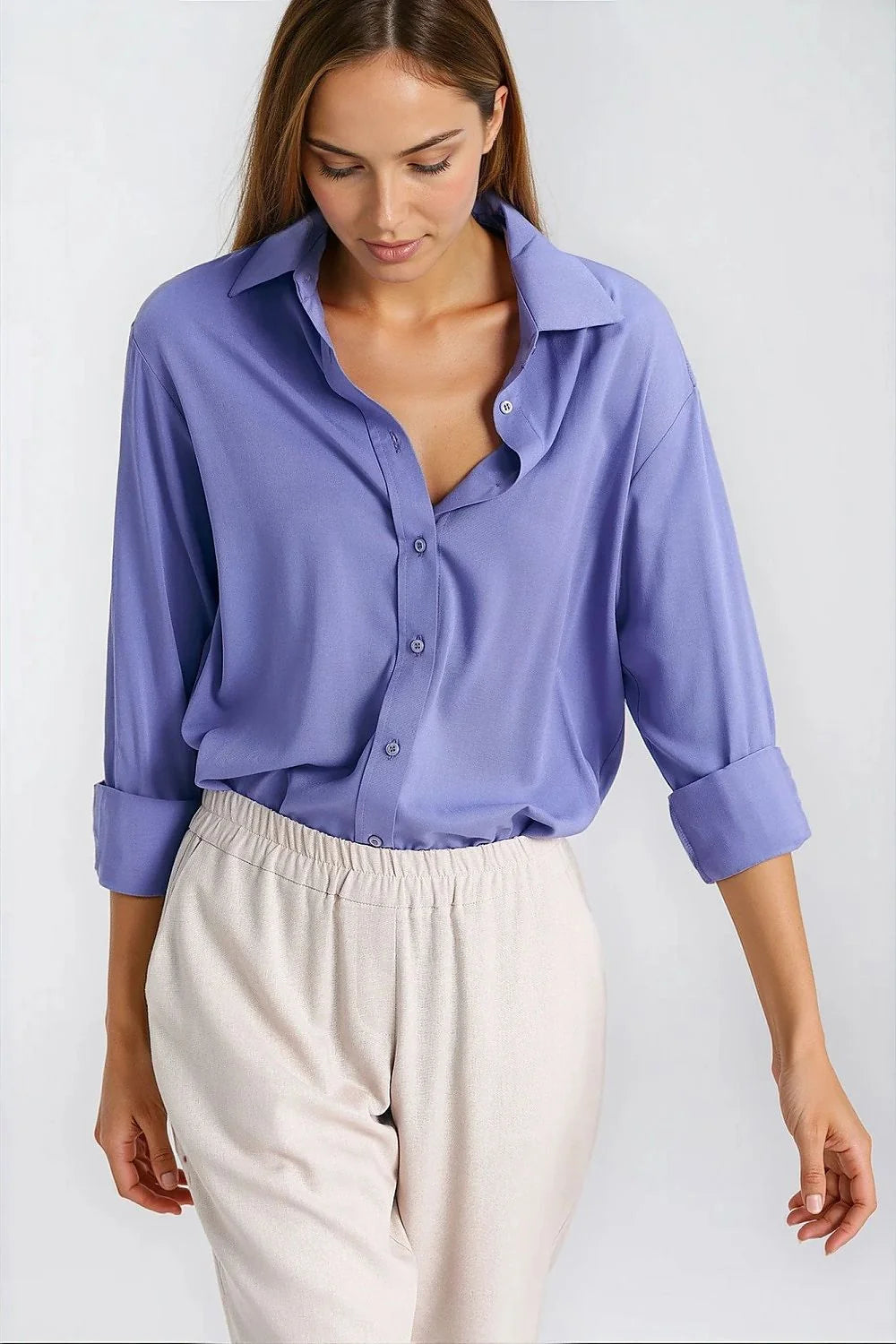chemise oversize femme viscose satinée lilas fluide coupe ample col classique manches longues poignet boutonnage central base arrondie