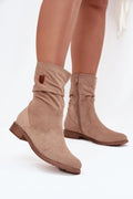 bottes femme suédine écologique beige nude mi mollet slouchy bout arrondi zippée latérale talon bas effet bois semelle robuste confortable